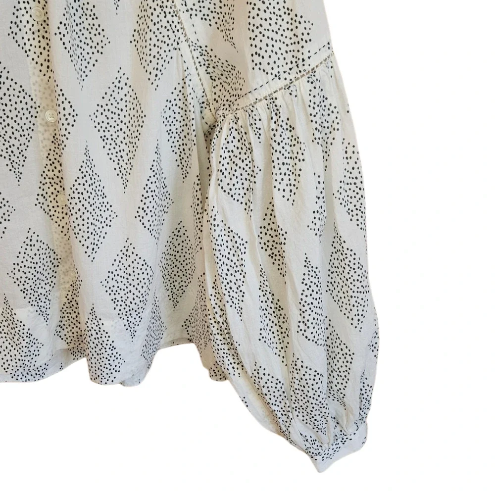 Madewell Women's White Dotted Diamond Puff Sleeve Button Front Top Small